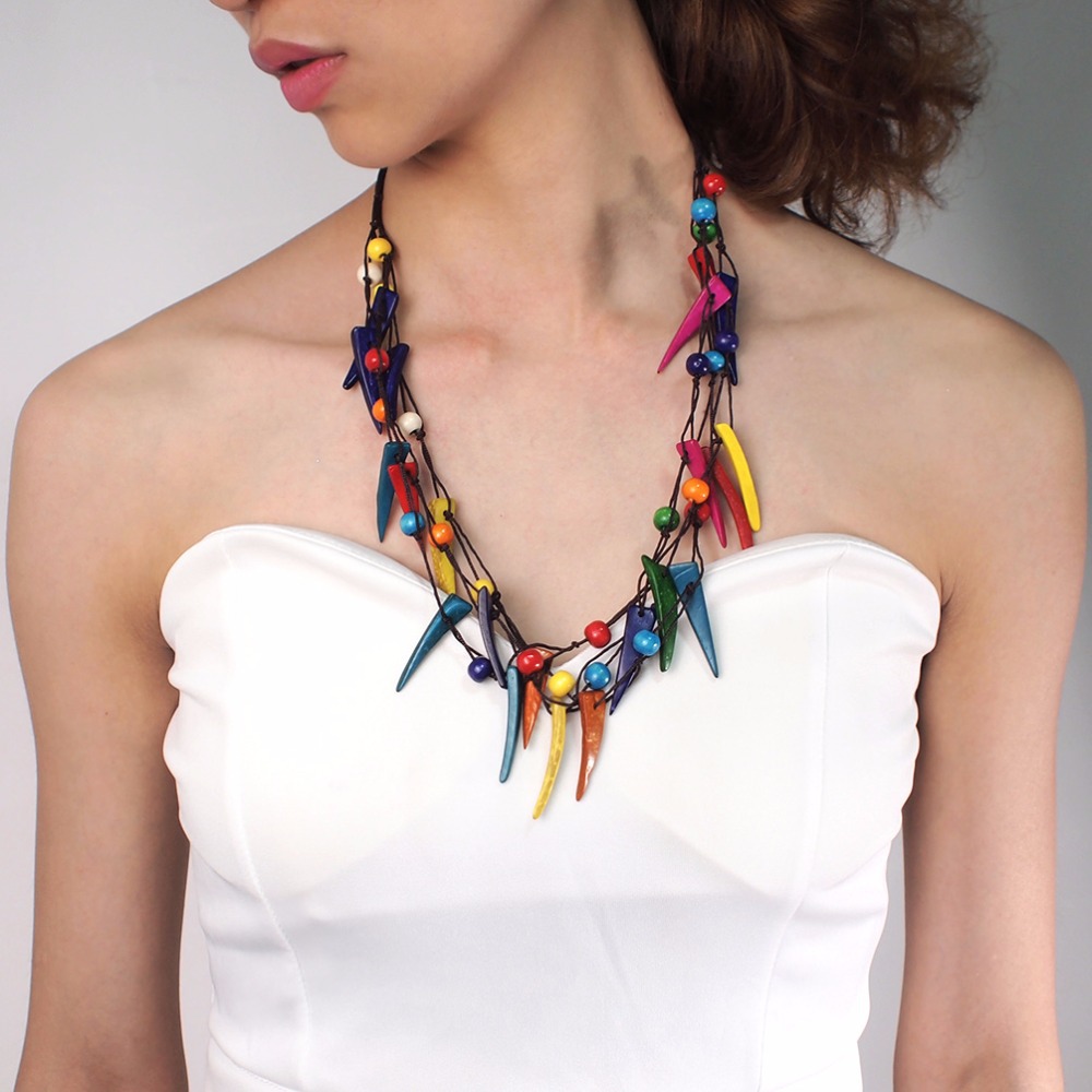 波西米亚时尚椰木壳项链女 民族风复古多层手工编织吊坠项链