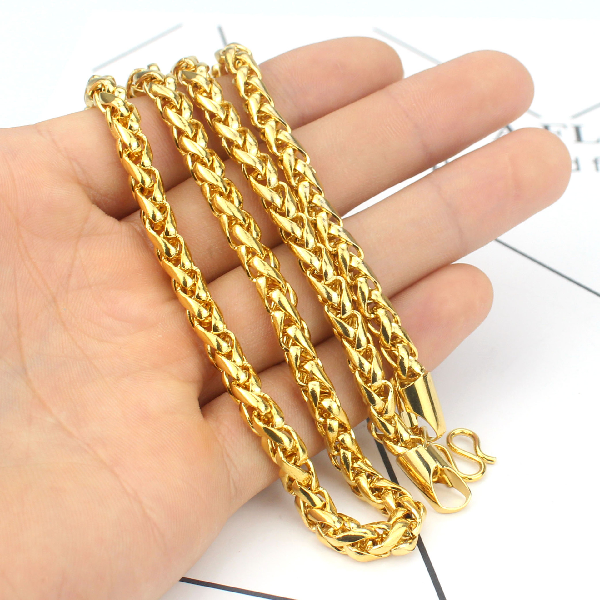 黄铜电镀24k金 高仿黄金麻花马鞭项链 越南沙金项链批发60cm长