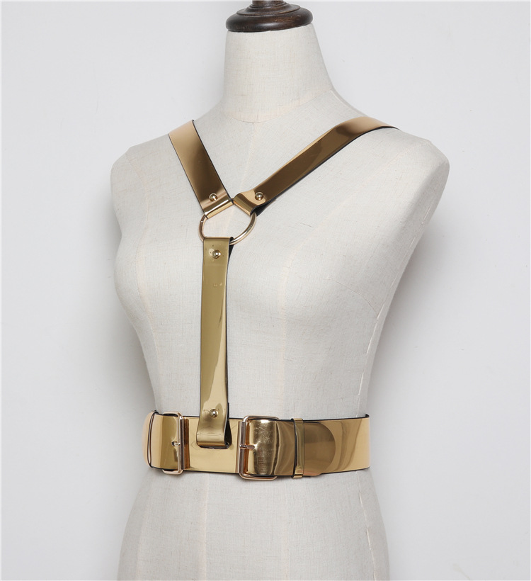 夜店歌手dj演出百搭款金色镜面pu皮高档质量背带腰带背带腰封潮女