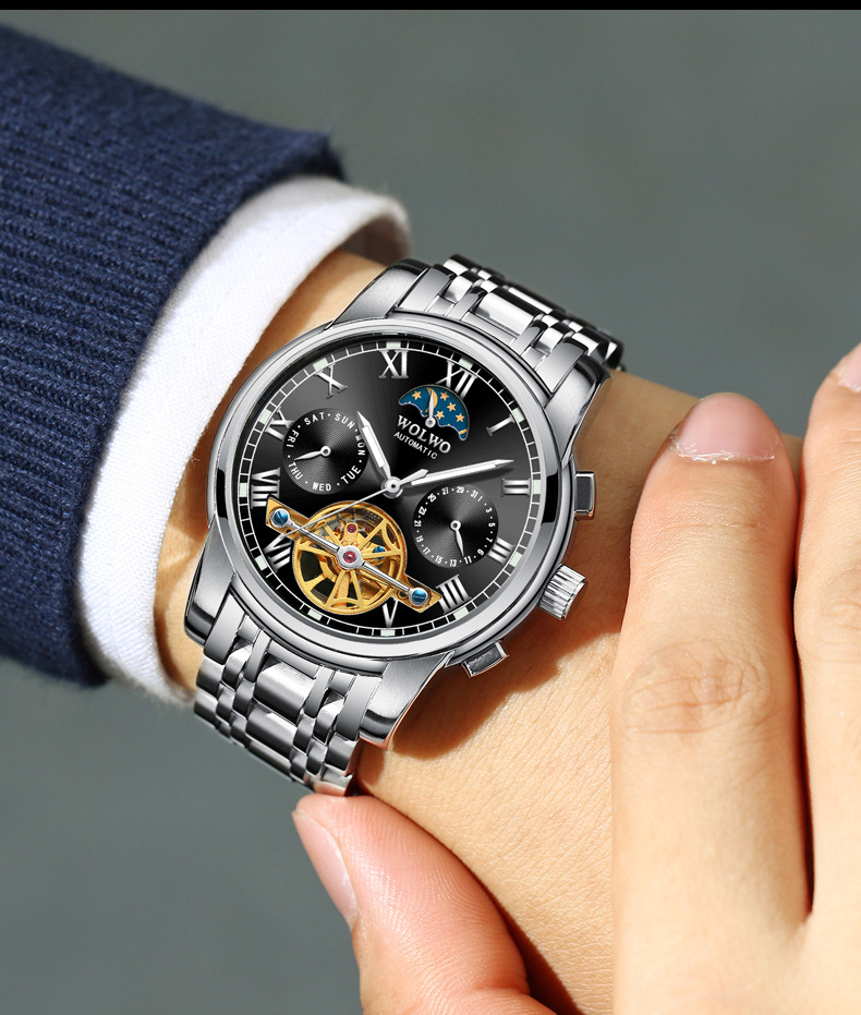 沃伦沃手表男士全自动机械表多功能夜光镂空腕表男表防水688起