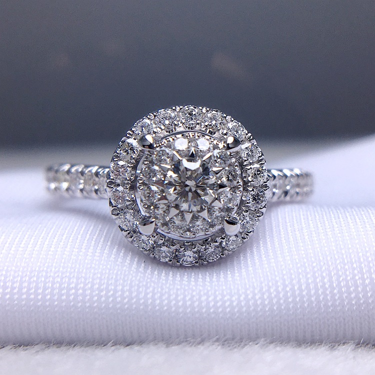 真金真钻 1克拉钻石效果满天星钻戒 白18k金情侣生日结婚钻戒女