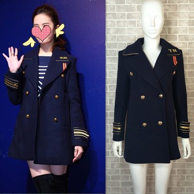 2019明星刘亦菲同款藏蓝色海军风毛呢外套徽章中长款羊毛大衣女冬