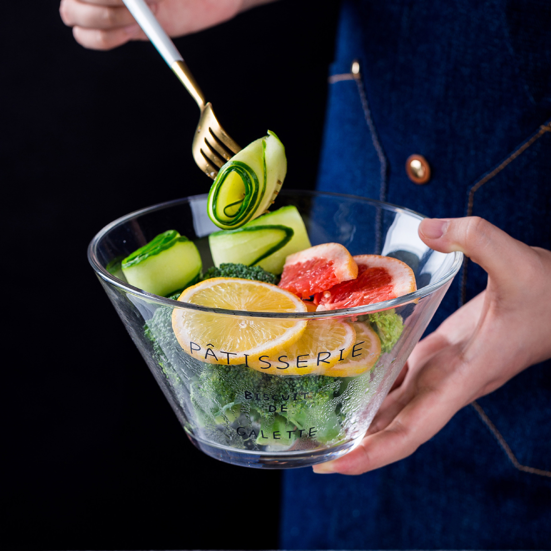 法文透明玻璃碗单个面碗家用沙拉盘北欧ins可爱汤碗水果碗沙拉碗