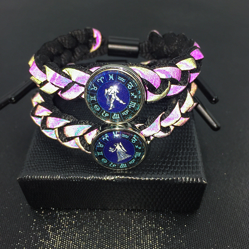 夜光宝石12星座全息反光小狮子手链学生情侣鞋带编织变色星空手链