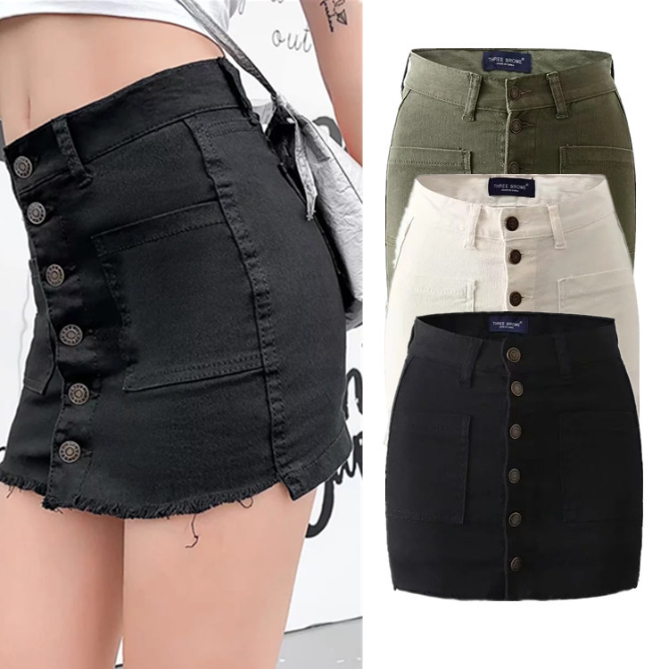 3c-1955韩版高腰排扣裙裤弹力牛仔短裙女chic修身显瘦包臀半身裙