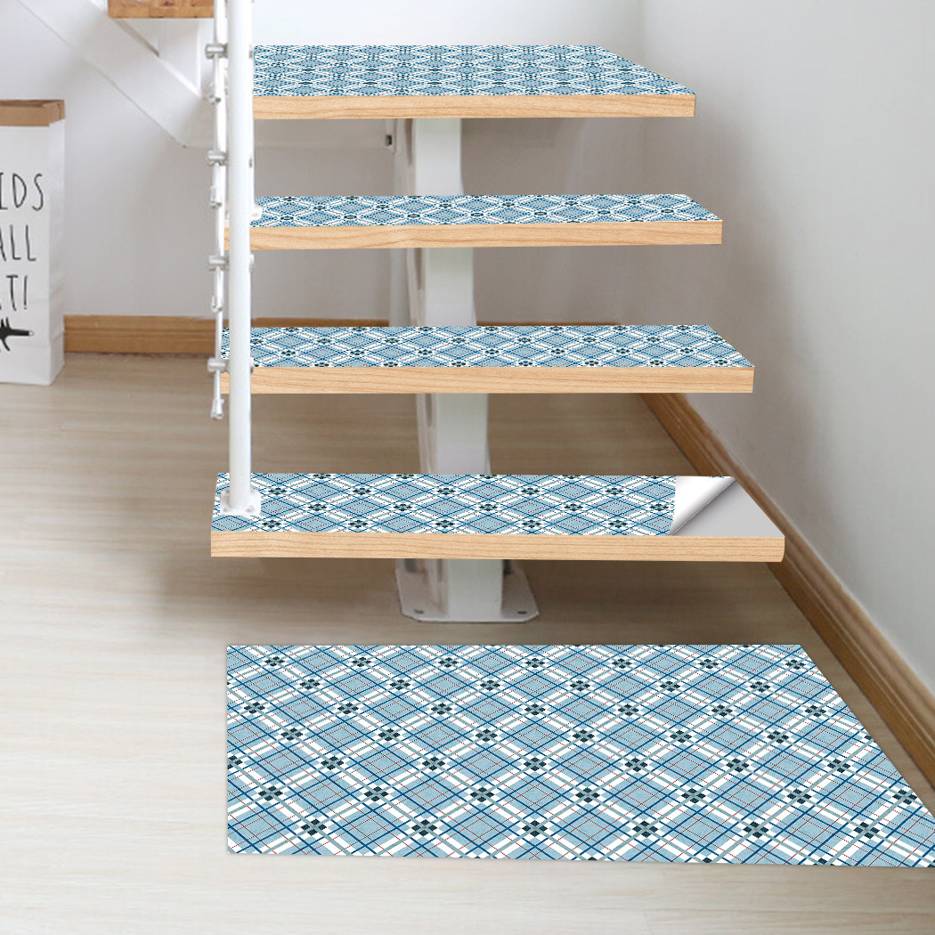 简约蓝白菱形图案楼梯踏步贴走廊布置自粘楼梯贴防滑地板贴tb009