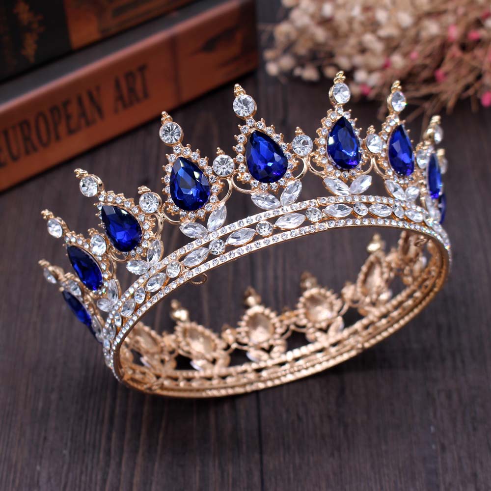 皇冠头饰新娘欧美风格金色红钻水晶圆形王冠满冠生日演出配饰批发