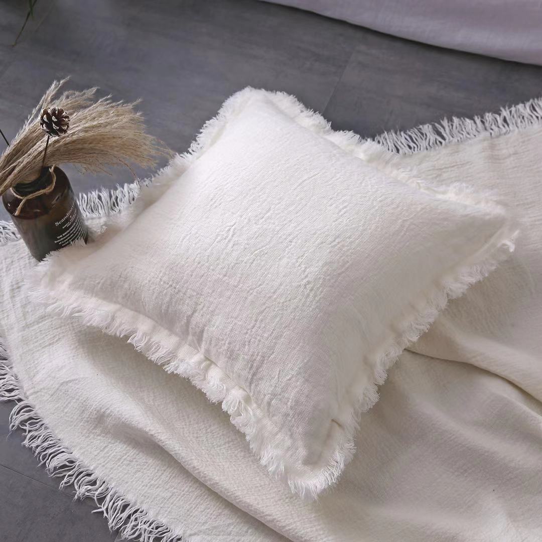 亚麻白色流苏抱枕套 水洗亚麻白色靠垫套 亚麻砂洗白色抱枕面料