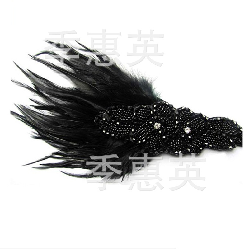 Women's Single Ball Party Necklace Long Cigarette Rod Black & Rhimestone Feather Headband Gloves Four-Piece Set Amazon