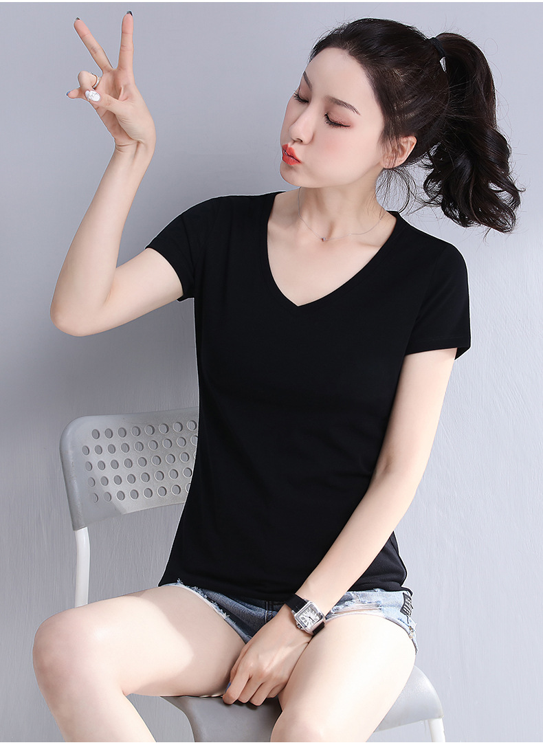 纯黑色v领t恤女短袖修身夏女装2021新款潮体恤紧身上衣黑色短款