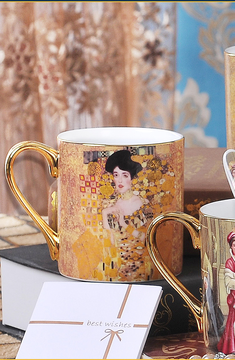 骨瓷描金马克杯 陶瓷欧式人物茶水杯 高档贵族夫人名画咖啡杯礼品