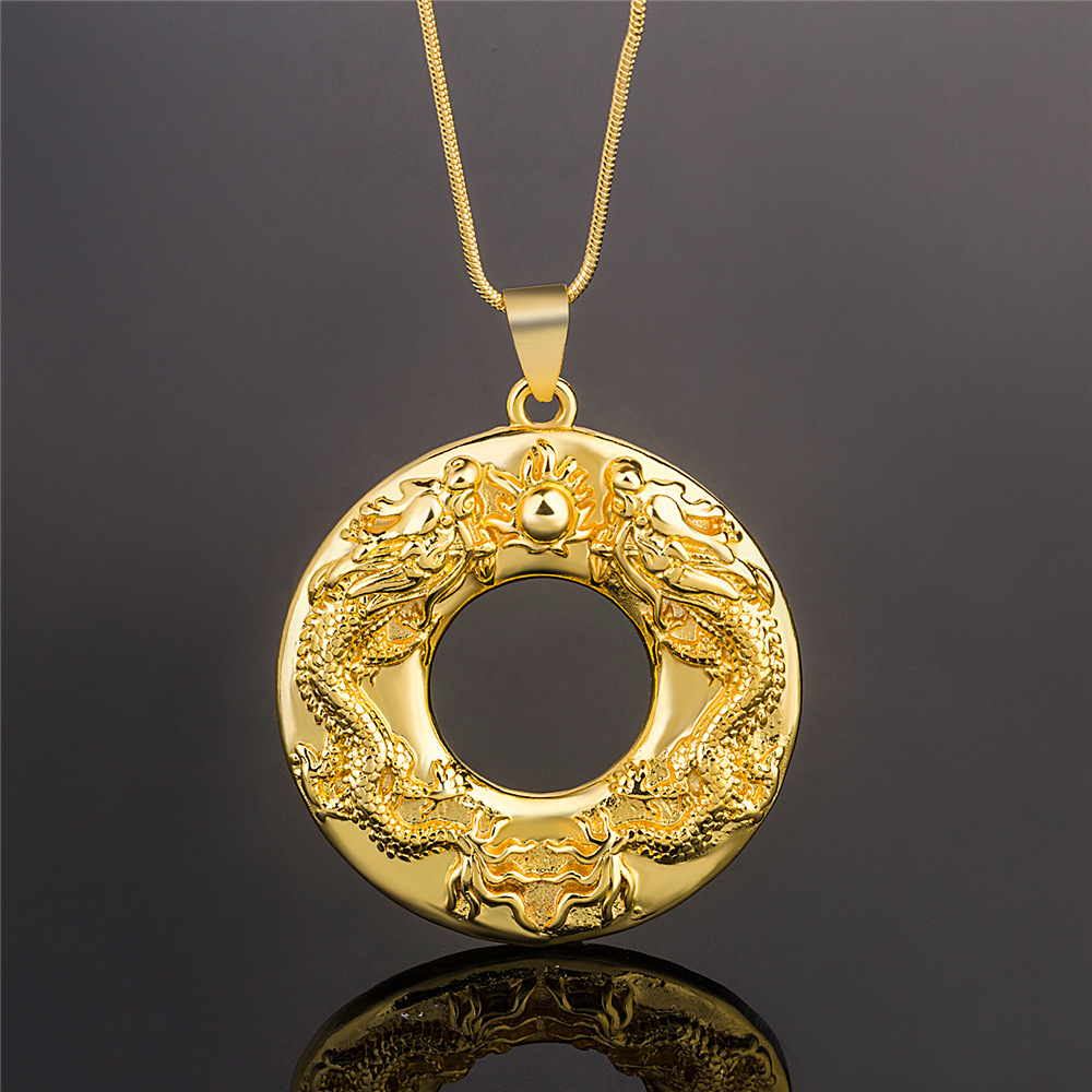越南镀金饰品黄铜镀金双龙戏珠吊坠圆形龙吊牌男士霸气项坠批发