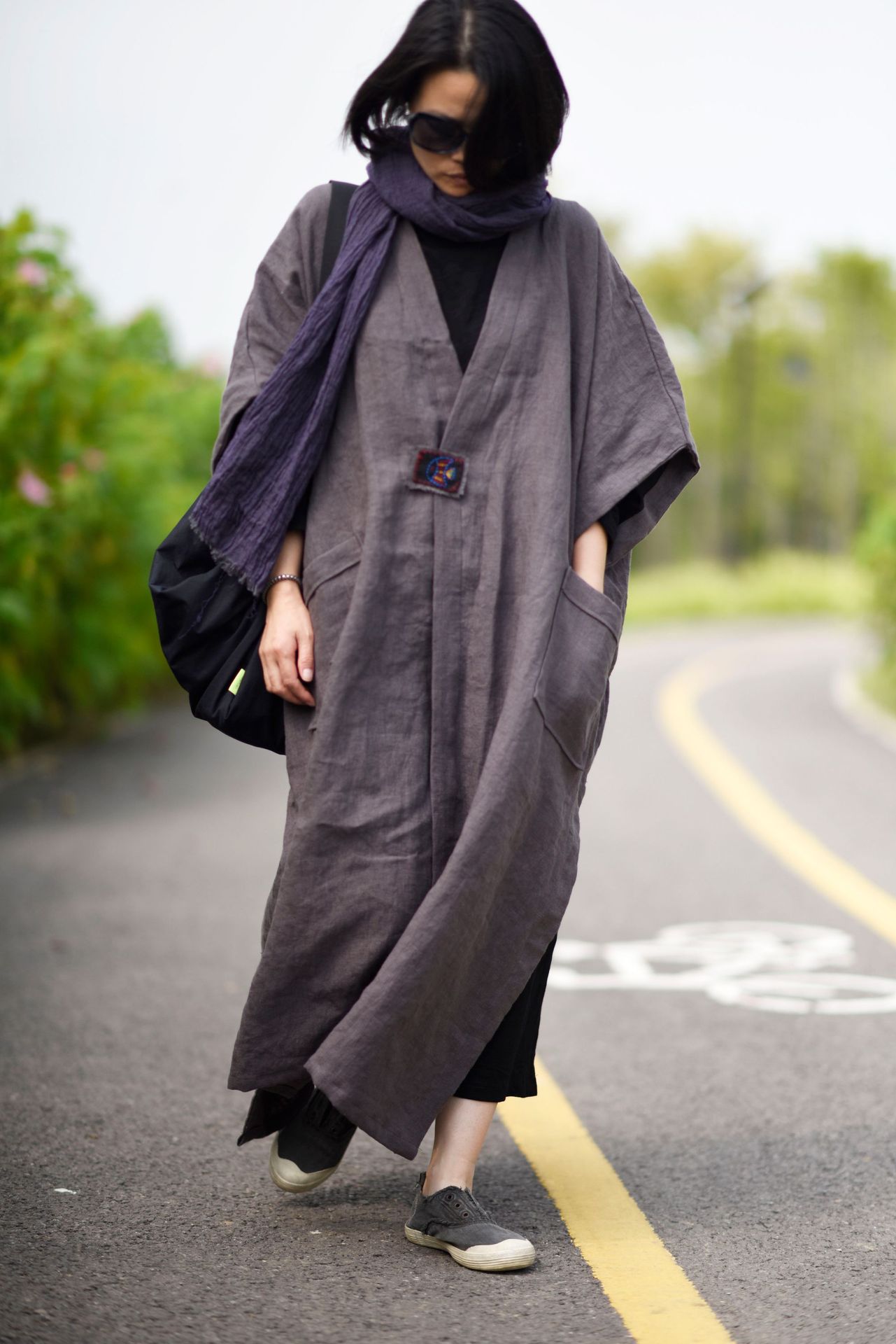 1909/隐 亚麻 深秋款厚实纹理加里衬粗犷颓废感披肩长袍风衣