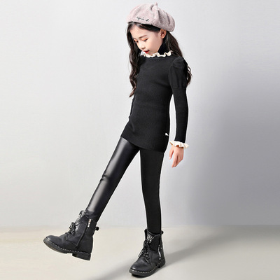 d146 春秋季薄款儿童皮裤大中小紧身高弹黑色修身仿皮女童打底裤