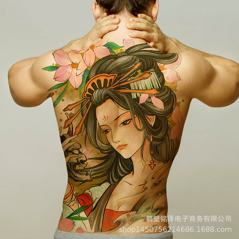 2020新款满背纹身贴美女艺妓浴火凤凰死神翅膀老虎龙现货跨境货源