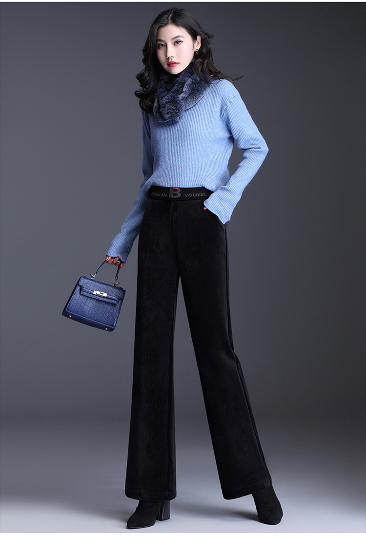 2019秋冬新款灯芯绒微喇裤女加绒加厚松紧腰喇叭裤女条绒长裤直筒