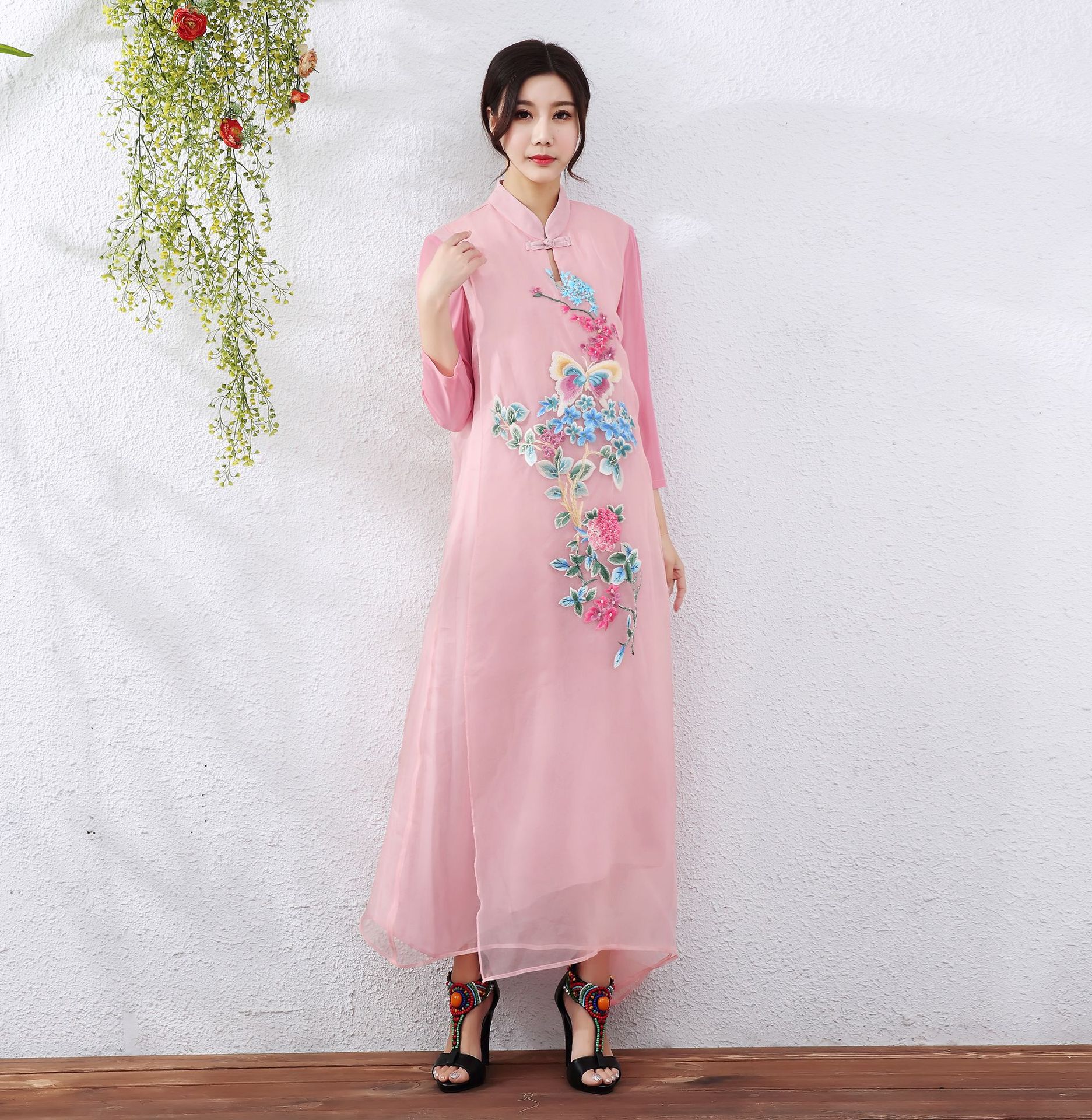 夏款真丝绡绣花七分袖长款修身刺绣连衣裙(货号 jbl1761)