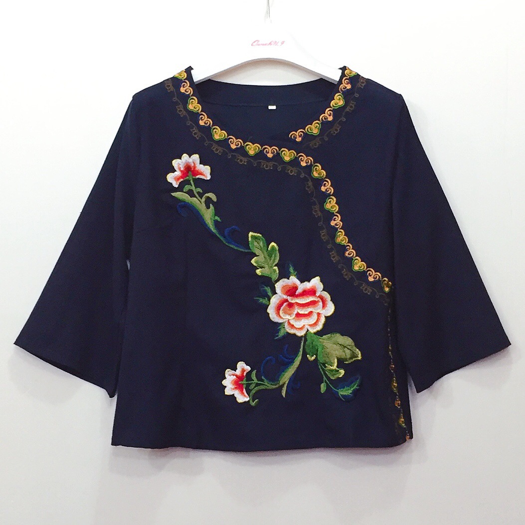 2020夏季新款原创设计中国风绣花上衣 民族棉麻刺绣女式t恤