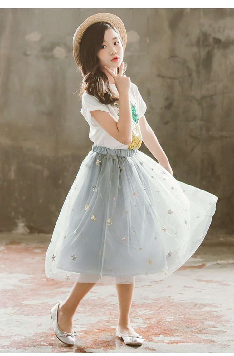 女童裙子2019夏新款亮片刺绣网纱公主纱裙tutu半身裙表演服亲子装