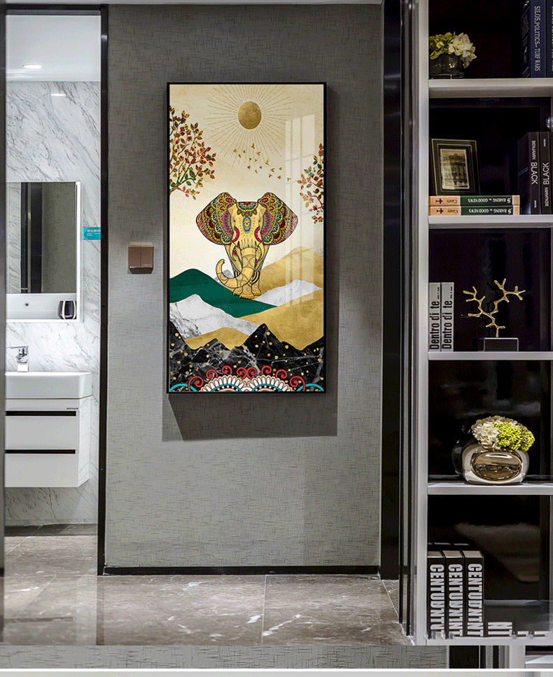 现代简约抽象玄关装饰画吉象墙面挂画轻奢大气竖版过道动物壁画