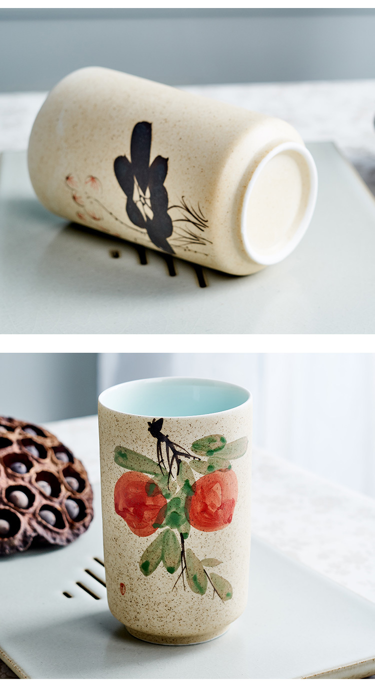 磨砂手绘写意图案花卉直筒马克杯日式礼品陶瓷杯创意礼品陶瓷杯