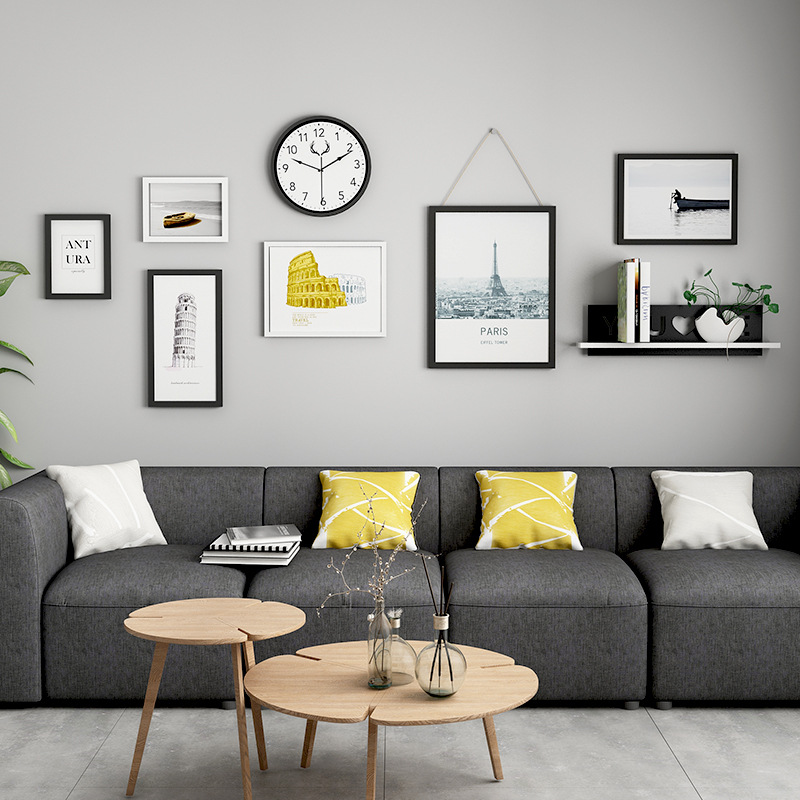 现代简约照片墙挂表创意置物架沙发背景墙装饰画组合悬关壁挂画框