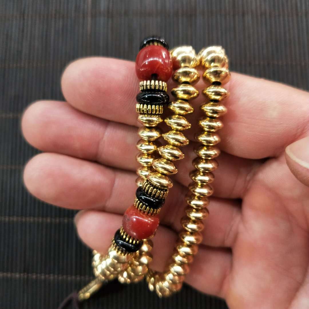 复古108颗纯铜黄铜元片尼泊尔铜珠项链佛珠念珠手链 老藏式佛珠