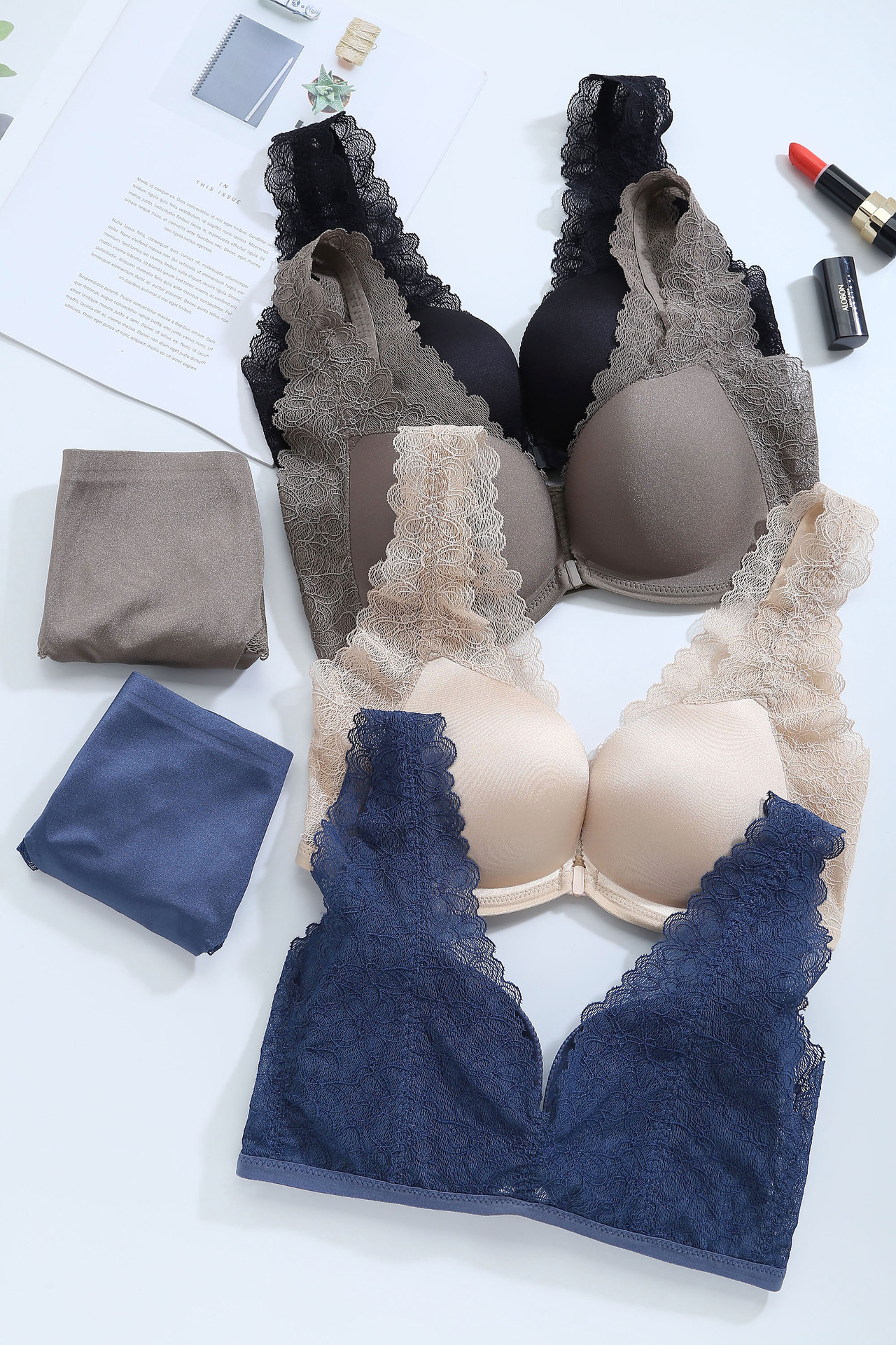 正品6319蕾丝前扣美背文胸中厚聚拢无钢圈背心式收副乳内衣