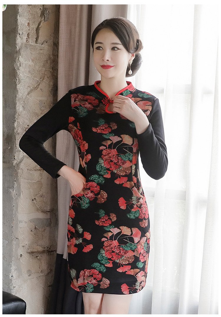 秋冬旗袍长袖加绒加厚中老年加绒连衣裙女中长款小个子改良妈妈装