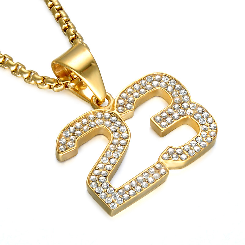 跨境欧美 篮球数字23号钛钢满钻项链吊坠 体育运动嘻哈不锈钢项链