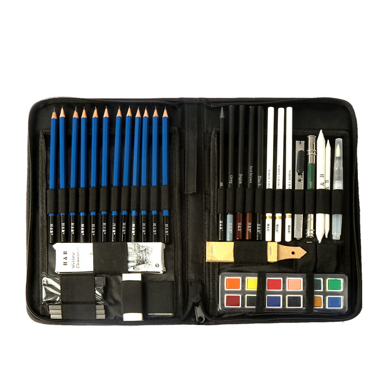 h&b 55件固体水彩白炭笔素描铅笔套装 美术绘图绘画文具套装批发采购