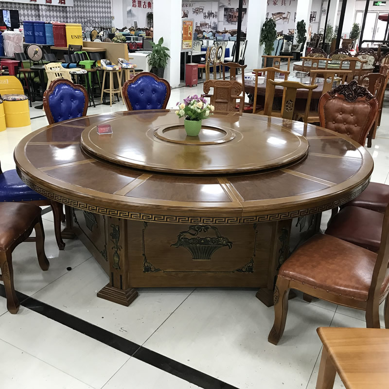酒楼实木电动大圆桌餐桌椅酒店家具饭店包间手动转盘圆桌椅组合