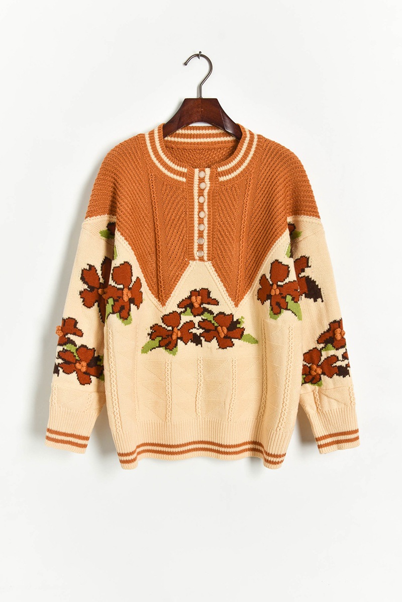 2019欧美复古撞色提花毛球花朵纽扣半开领针织毛衣套头女式z91206