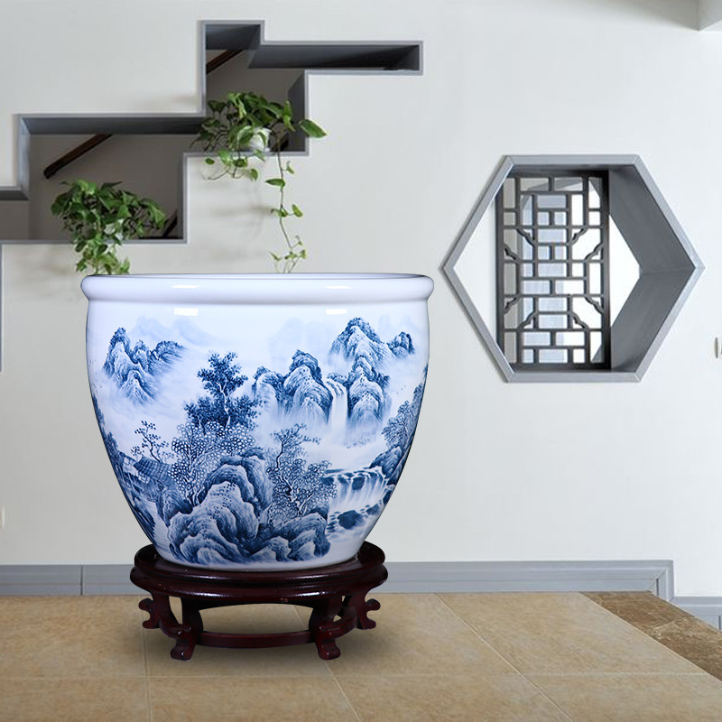 景德镇青花瓷鱼缸手绘山水画大缸水族鱼缸荷花睡莲乌龟缸风水摆件