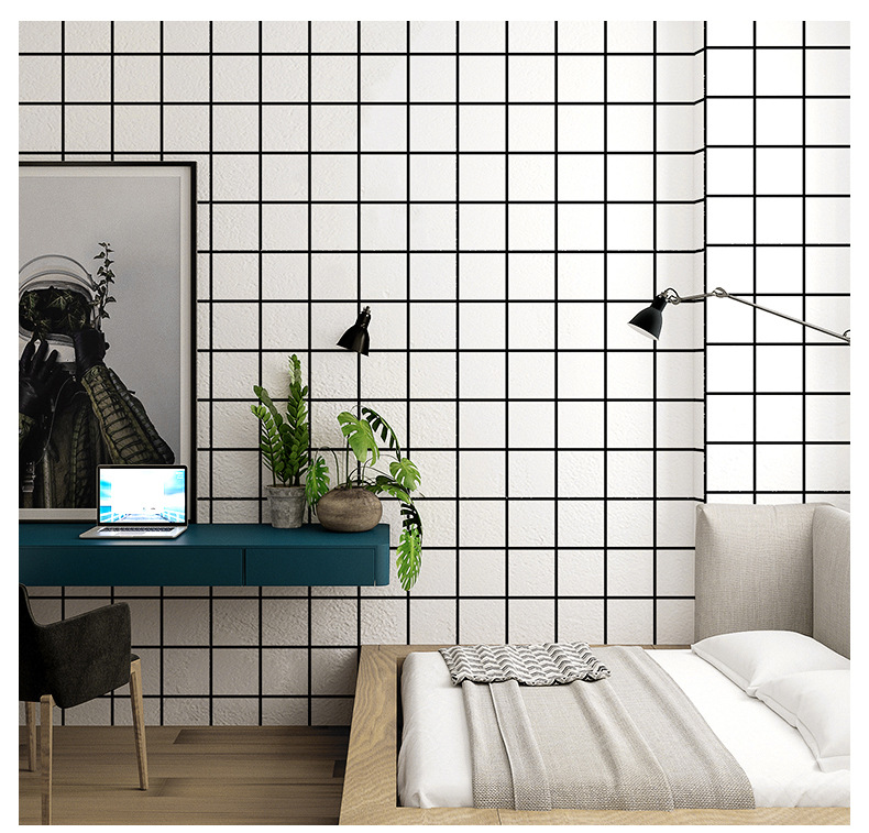 现代简约白色黑白格子墙纸北欧风格ins 服装店壁纸网红奶茶店防水