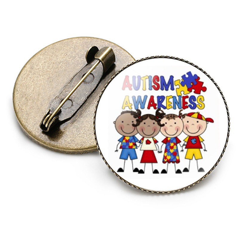 Cross-Border New Accessories Autism Red Ribbon Puzzle Time Stone Brooch Autism Children's Birthday Gifts