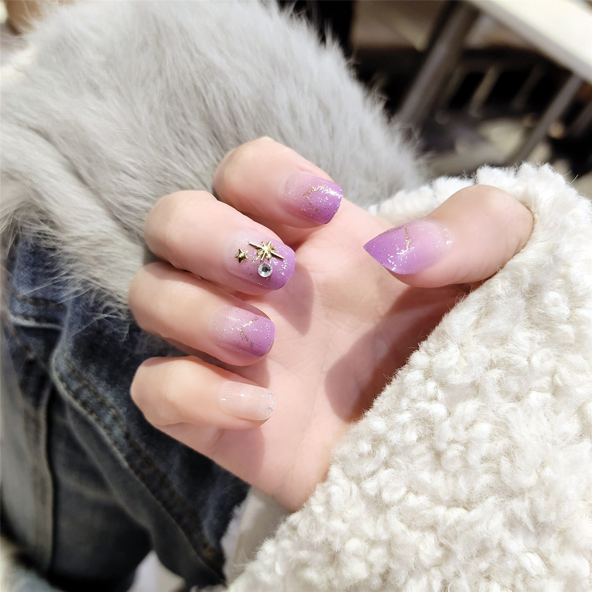 b68淡紫星辰短款少女网红美甲成品假指甲贴片24片套装可一件代发