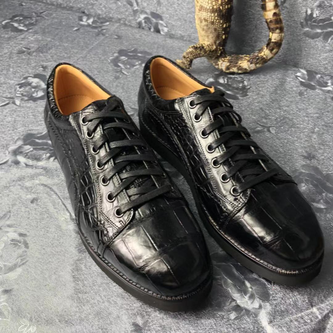 进口暹罗鳄肚皮男士绑带休闲鞋 超轻鞋底现货 新款黑色鳄鱼皮男鞋