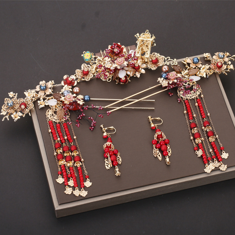 中式汉服新娘头饰套装流苏龙凤褂霞帔发饰结婚红色古装秀禾服凤冠