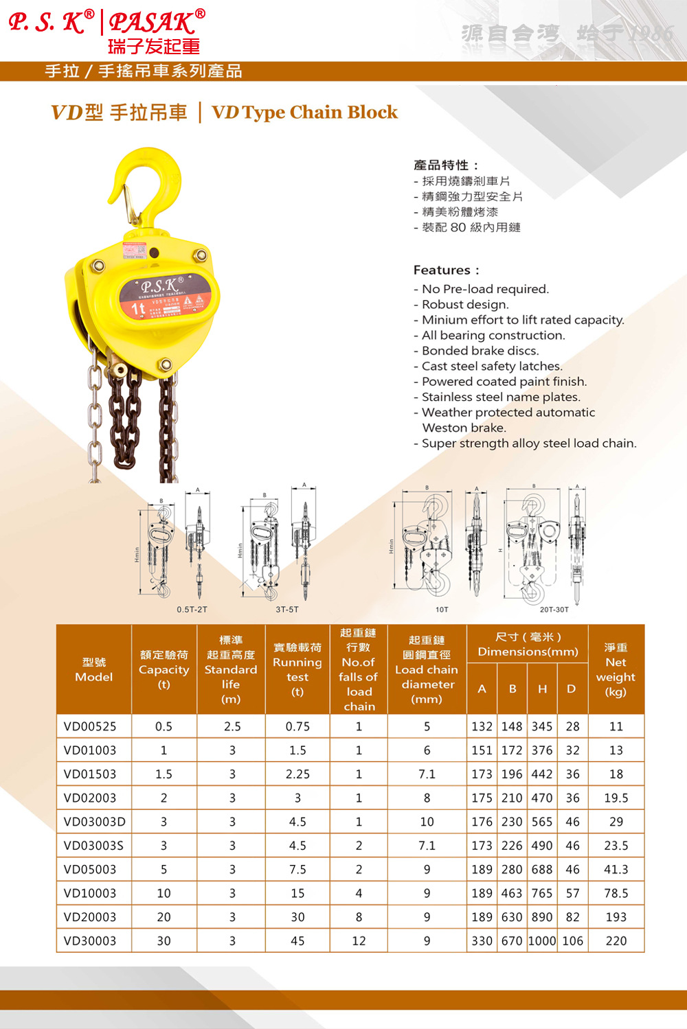 台湾p.s.k品牌vd型手拉葫芦 1吨2t6米手动葫芦 合金钢链条起重机