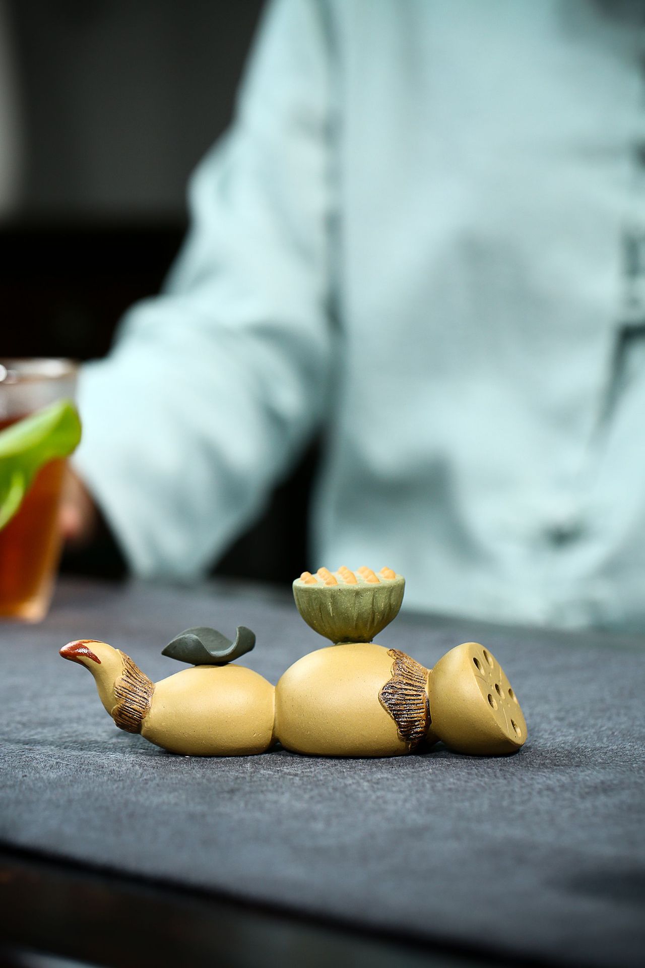 批发宜兴紫砂茶宠荷花莲藕茶盘摆件手绘制作茶道礼品配件一件代发