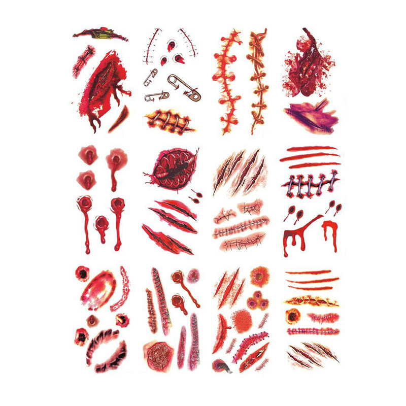 现货批发仿真万圣节纹身贴 男女逼真恐怖假伤疤刀疤临时文身贴纸