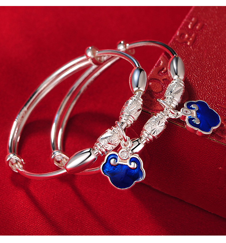 990纯银宝宝吊玉如意手镯 男女儿童婴儿实心转运珠足银镯子满月礼