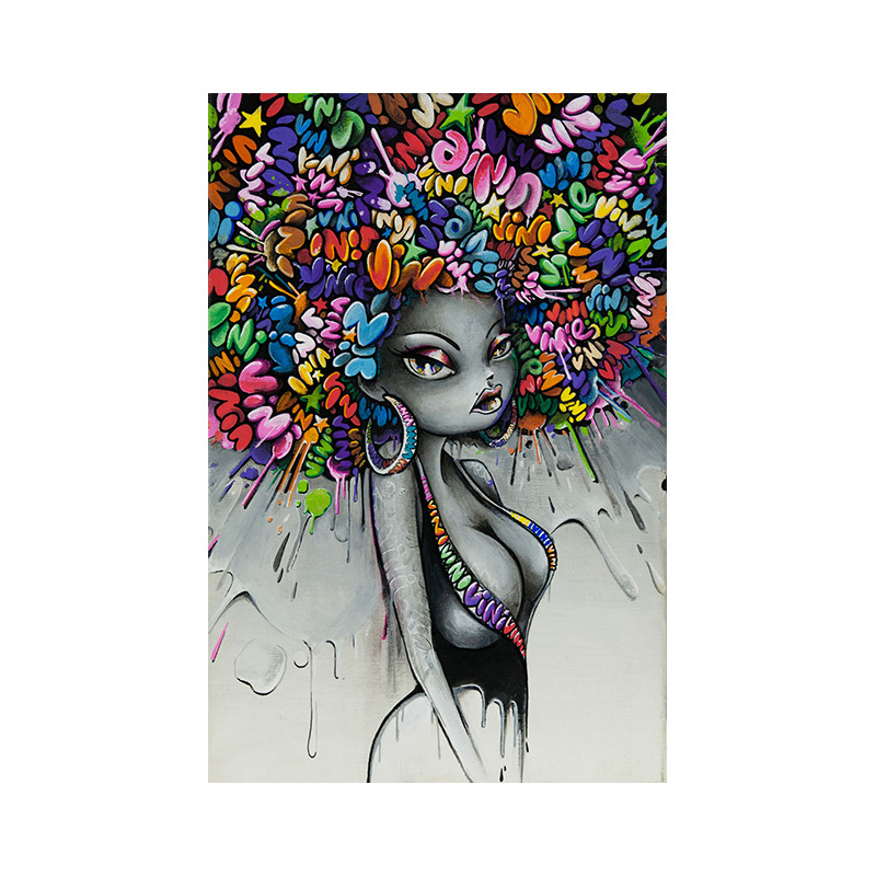 彩色爆炸头非洲女人卡通人物装饰画 家居装饰无框画芯