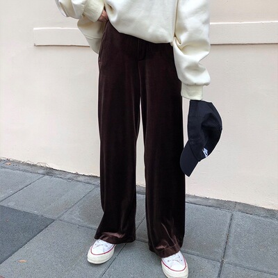 cec裤女直筒阔腿裤高腰垂感休闲裤宽松绒面黑色拖地长裤