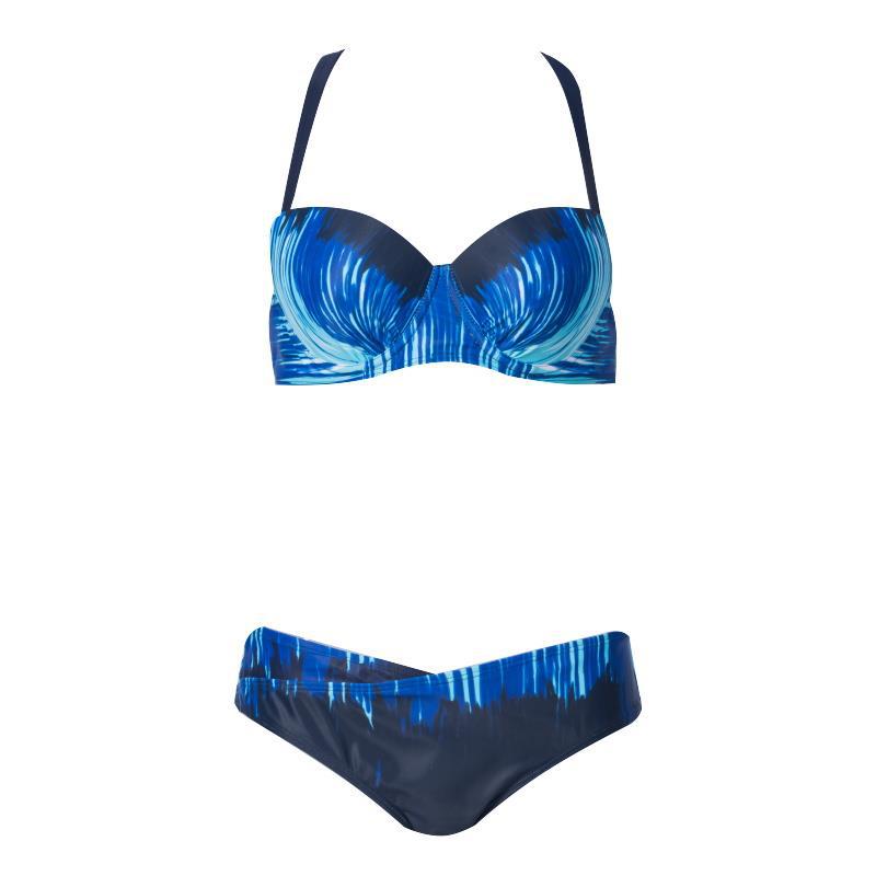 分体游泳运动女欧美涤纶氨纶宝蓝成年带钢托泳衣