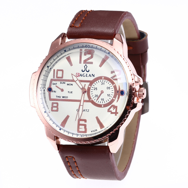 跨境爆款一件代发raglan假单眼假星期六数字表盘男士休闲皮带手表