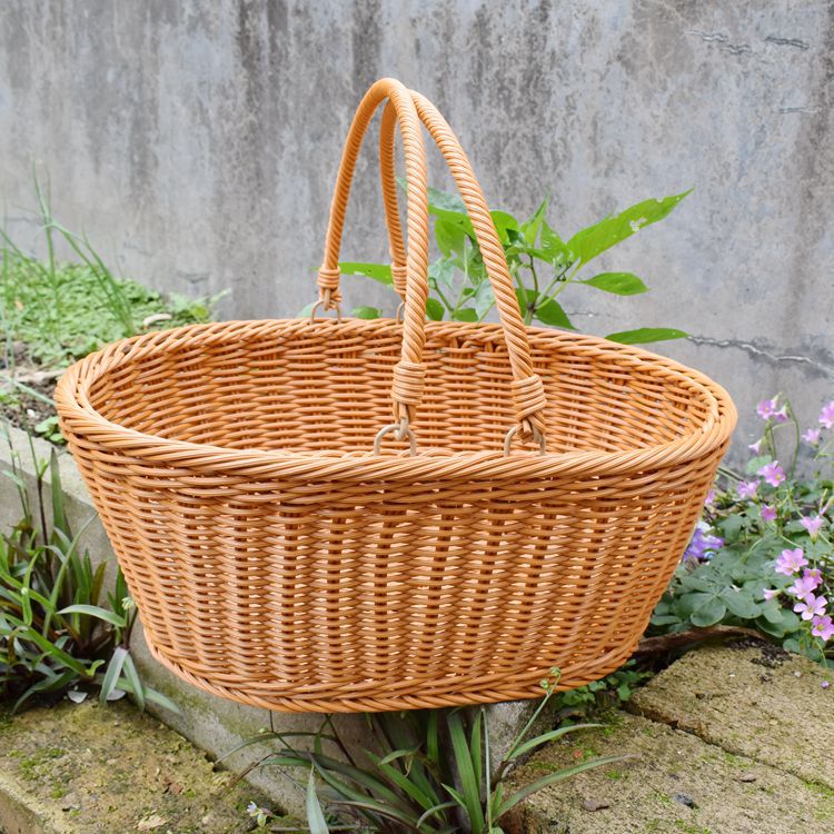 塑胶藤编野餐篮 方形手提编织筐厂家 户外采摘菜篮子 多款现货