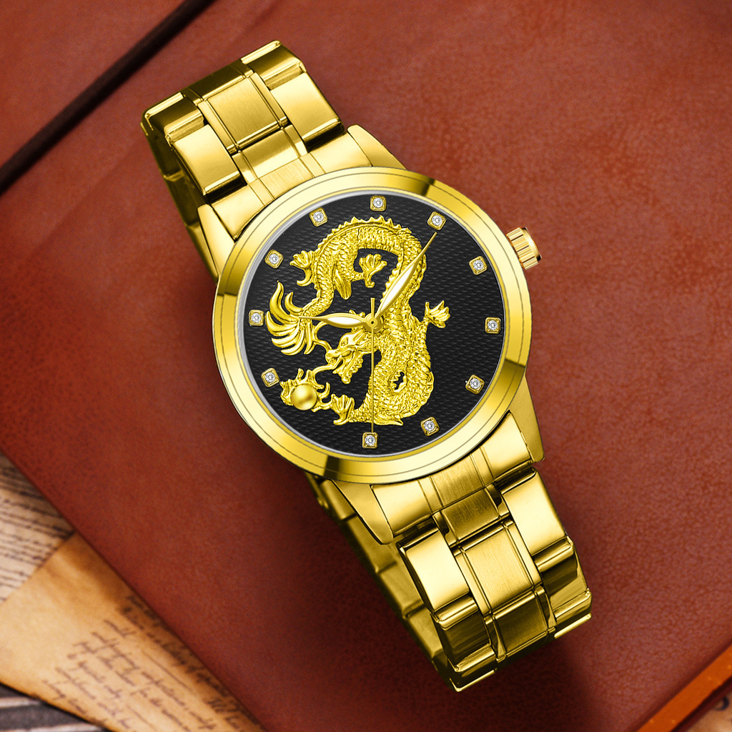 男士龙手表钢带石英腕表跨境热销商务手表经典风浮雕金龙手表批发