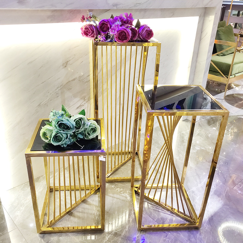 方形落地风琴不锈钢花架室内客厅 欧式置物架花架金属几何茶几架